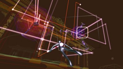 Screenshot von Rez Infinite, auf dem der Charakter mehrere Laserstrahlen auf Gegner in Gebiet 4 schießt
