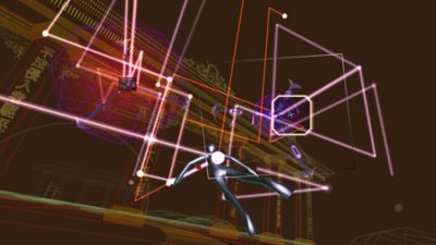 Captura de ecrã de Rez Infinite da personagem principal a disparar vários feixes sobre inimigos na Area 4