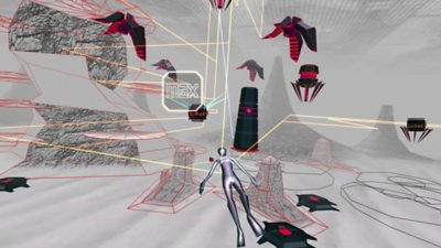 Rez Infinite screenshot showing the player character locked onto multiple enemies in Area 5