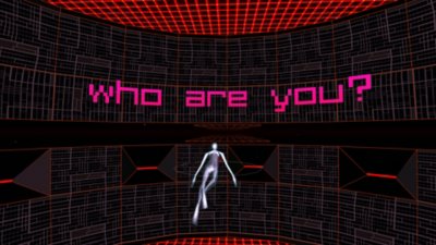 Rez Infinite screenshot showing the player character reading text stating, "who are you?"