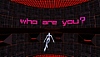 Rez Infinite screenshot showing the player character reading text stating, "who are you?"
