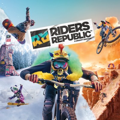 Rider's Republic artwork showing downhill mountain bikers and snowboarders