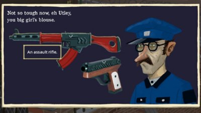 The Rise of the Golden Idol screenshot showing two types of gun beside what's possibly a police officer