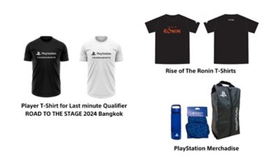 picture of PlayStation merchandises and Rise of the Ronin T-shirts