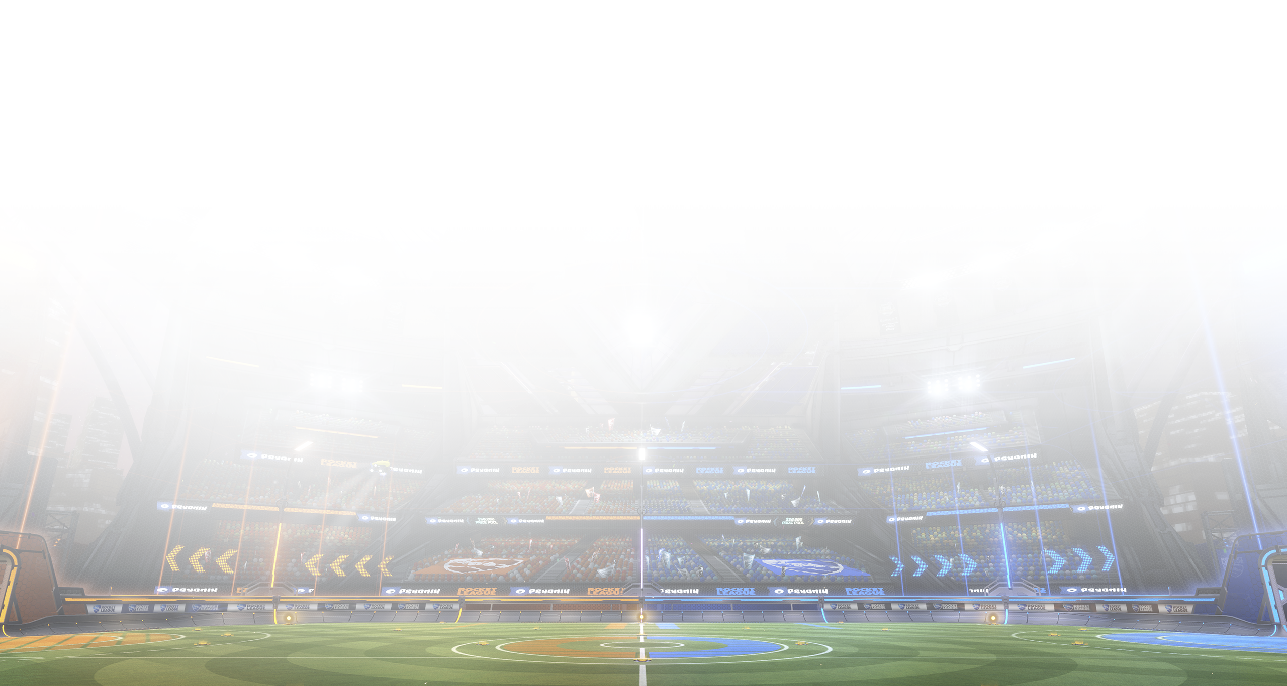 Screenshot von Rocket League, der ein Spielfeld zeigt, das von Zuschauerrängen umkreist ist.