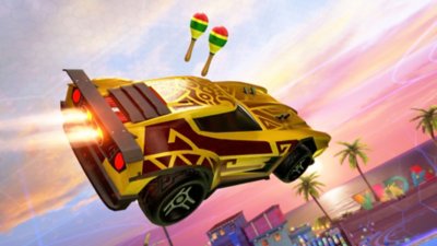 Rocket League screenshot showing a yellow car flying through the air