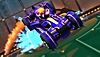 Screenshot von Rocket League, der ein violett-goldenes Auto zeigt, das durch die Luft fliegt