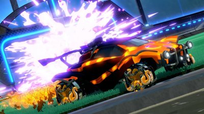 Rocket League screenshot showing an orange car racing away from a purple explosion