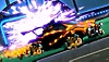 Rocket League screenshot showing an orange car racing away from a purple explosion