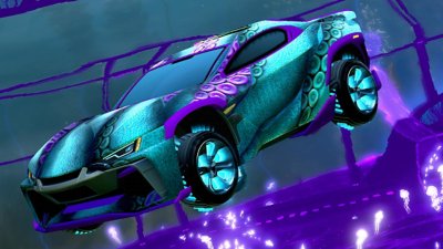 Rocket League screenshot showing a turquoise and purple car flying through the air