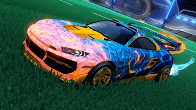 Captura de tela de Rocket League mostrando um carro laranja e azul em movimento