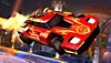 Rocket League screenshot showing a red sports car with flames coming from the back