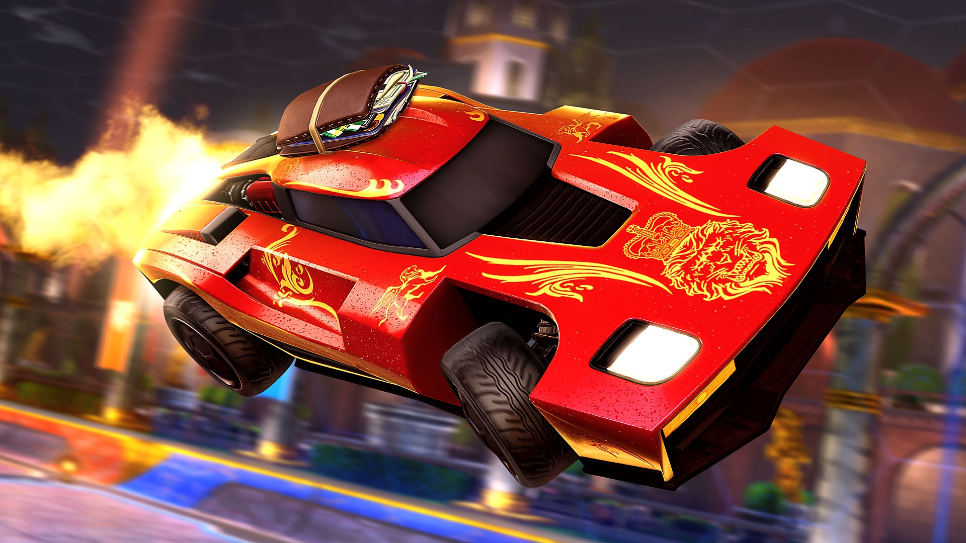 Rocket League-screenshot van een rode sportwagen met vlammen uit de uitlaat