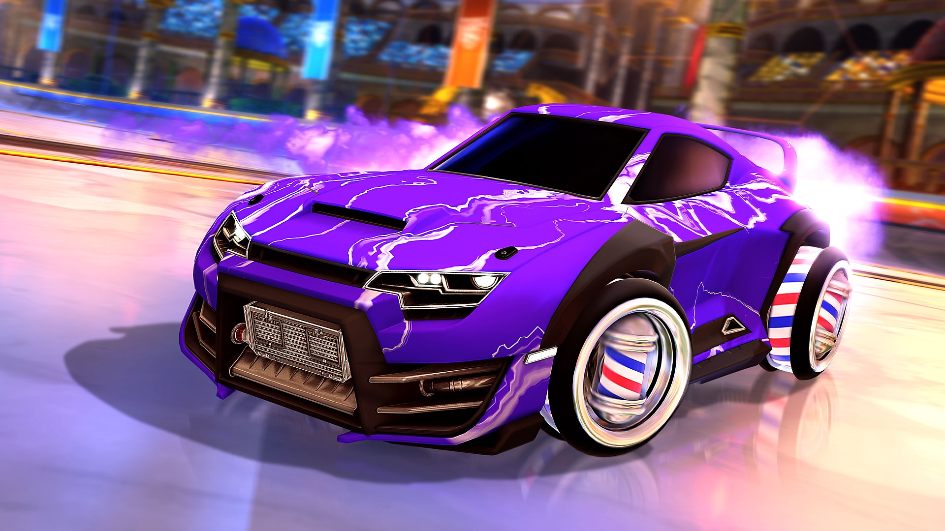 Rocket League-screenshot van een paarse auto