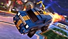 Screenshot von Rocket League, der einen blauen Van mit gelbem Rennstreifen zeigt