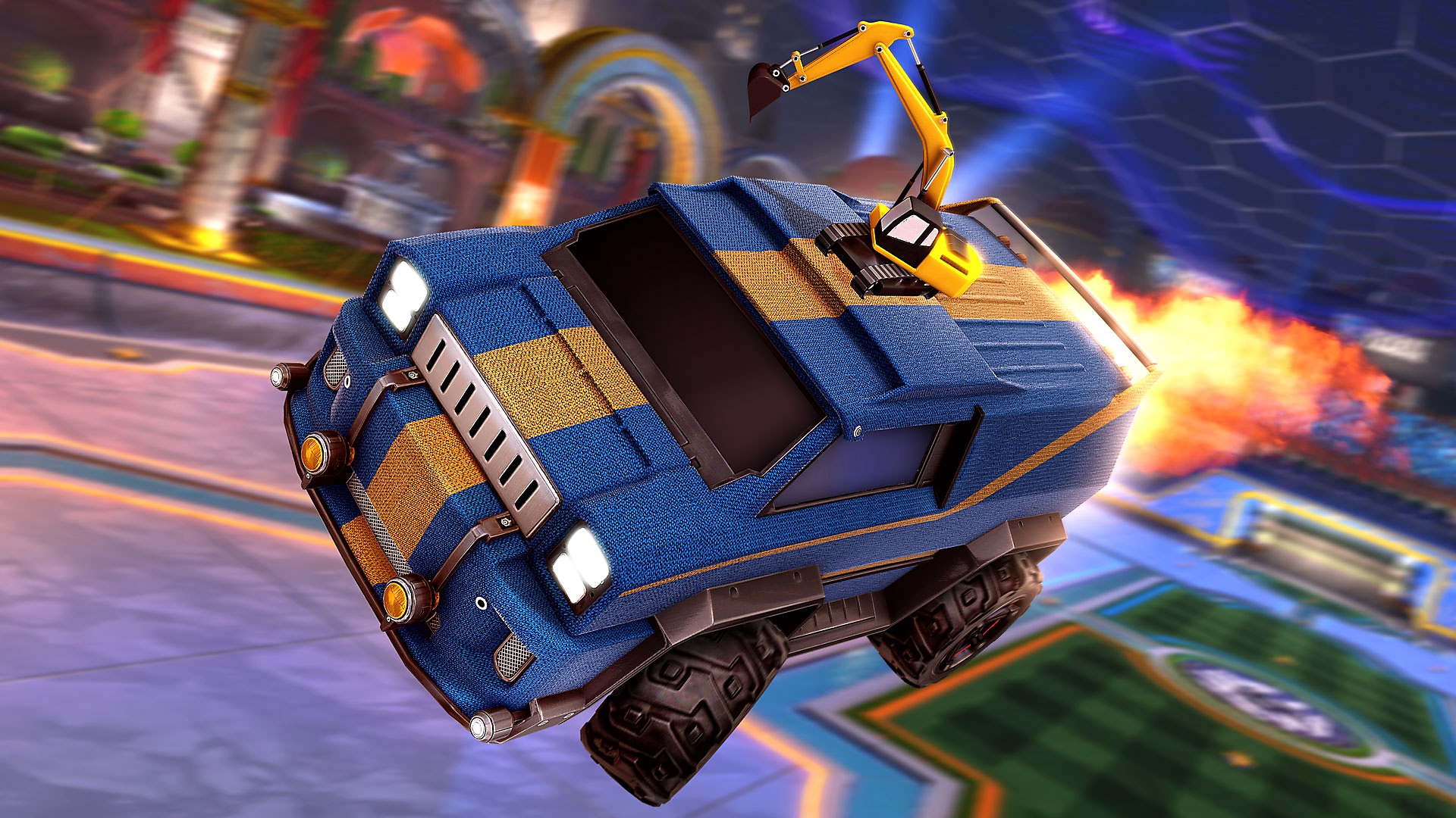 Rocket League-screenshot van een blauw busje met een gele racestreep