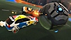 Rocket League screenshot showing a multi-coloured car hitting a ball