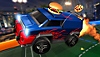 Rocket League screenshot showing a blue and red van with a novelty burger on top