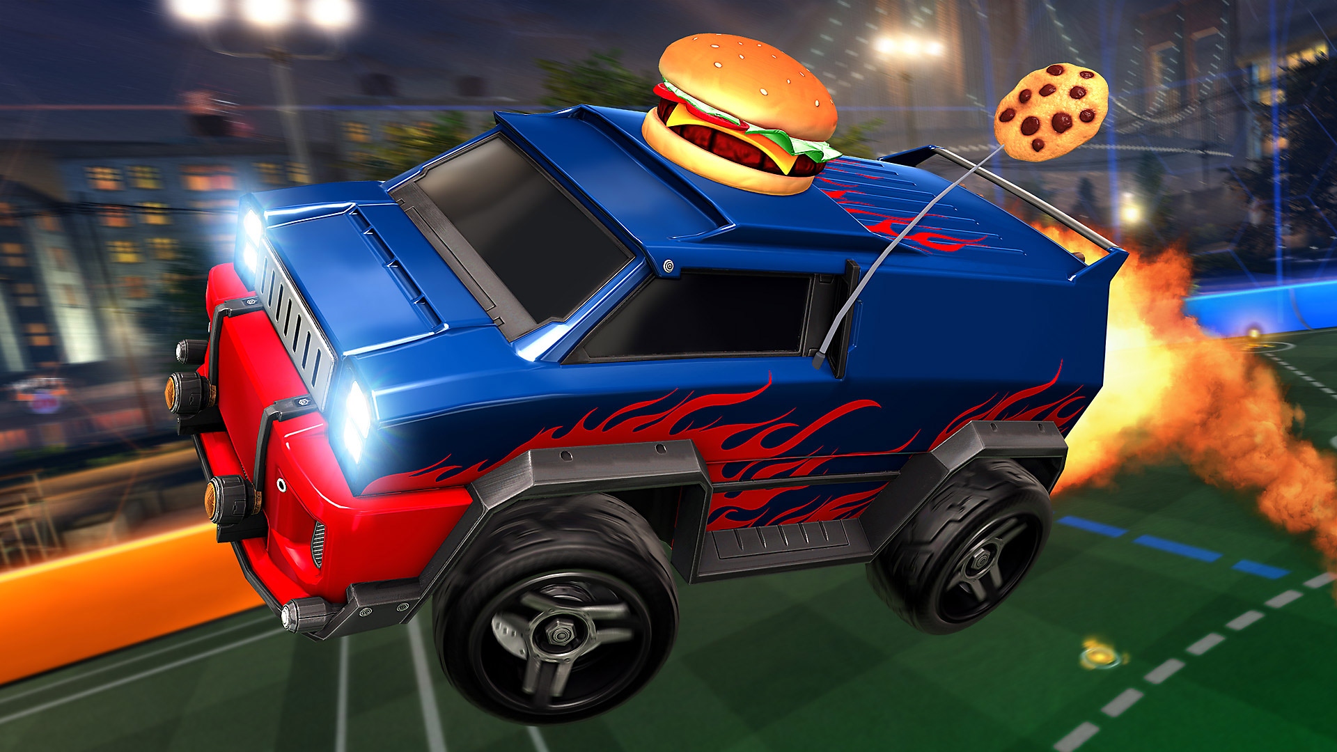 Rocket League screenshot showing a blue and red van with a novelty burger on top