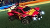 Rocket League screenshot showing a red car with yellow racing stripes