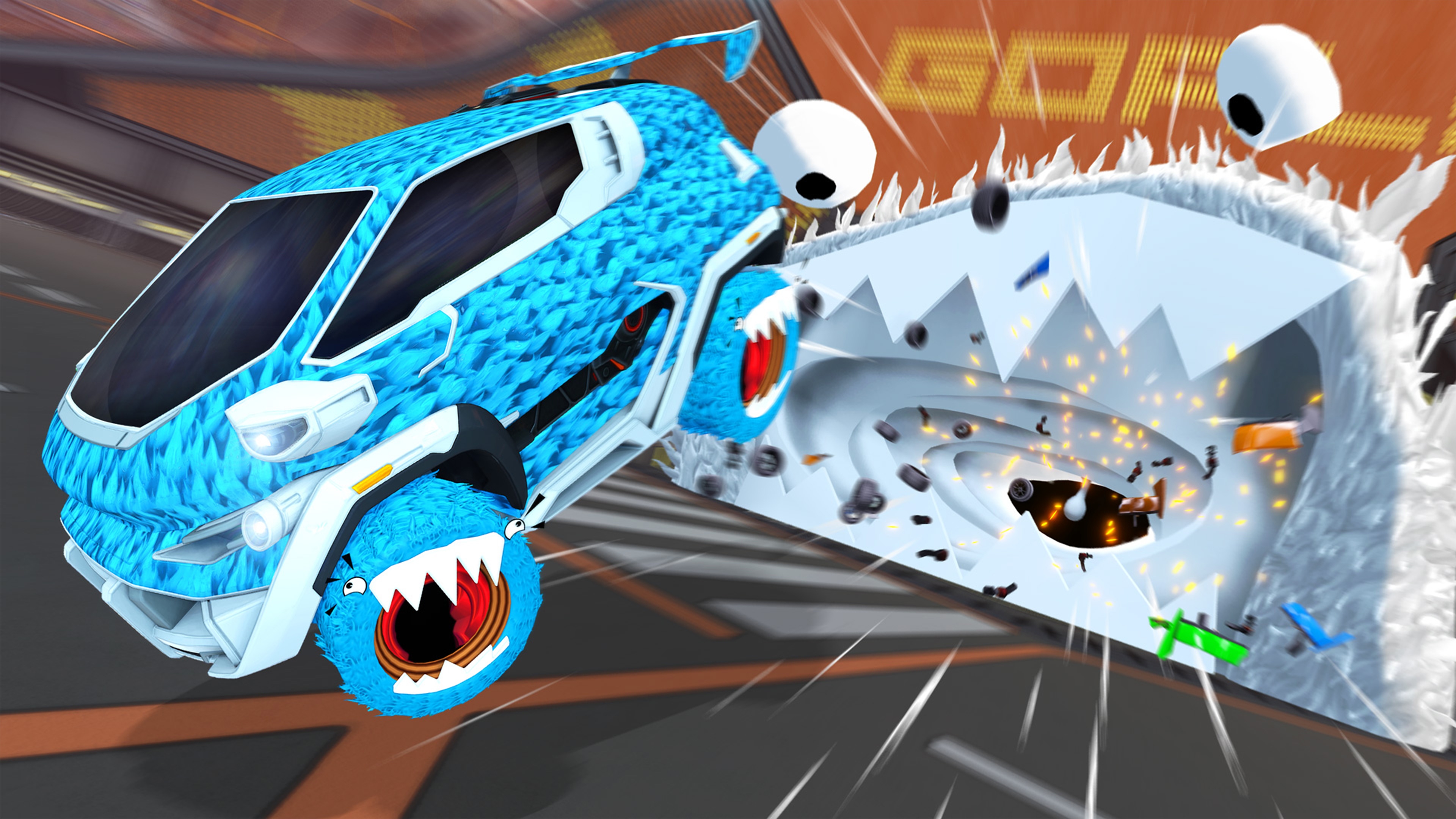 Rocket League showing blue car with fur texture paintwork