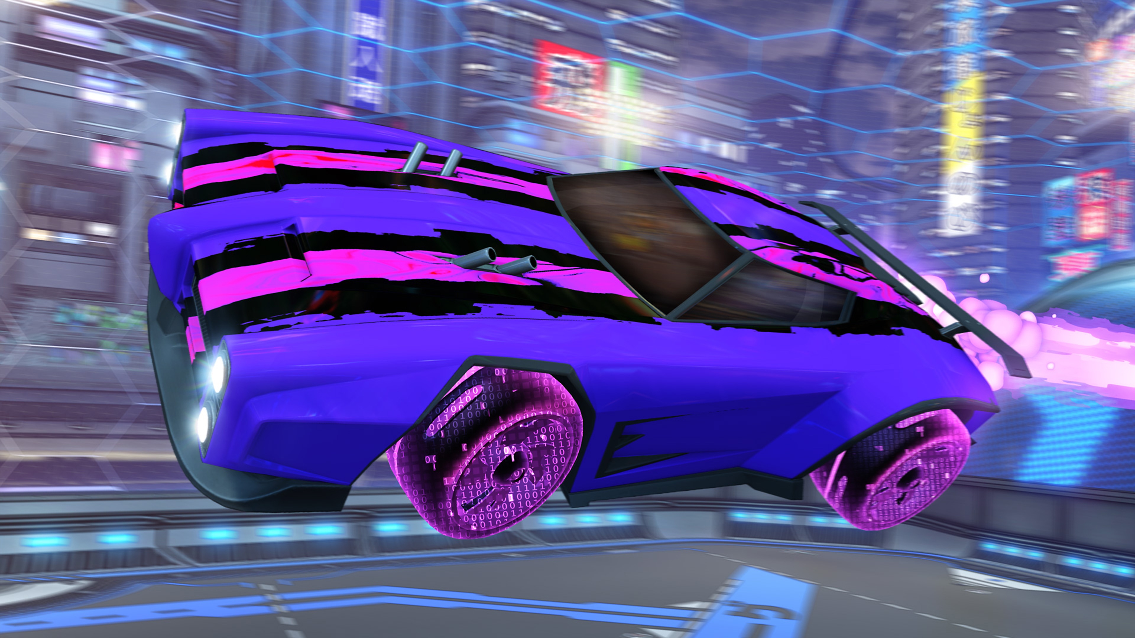 Capture d'écran de Rocket League montrant une voiture violette avec des bandes en damier roses et noires