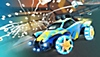 Rocket League - Captura de pantalla de la Temporada 6 que muestra un coche azul y amarillo con muchos rollos de papel higiénico por los aires.