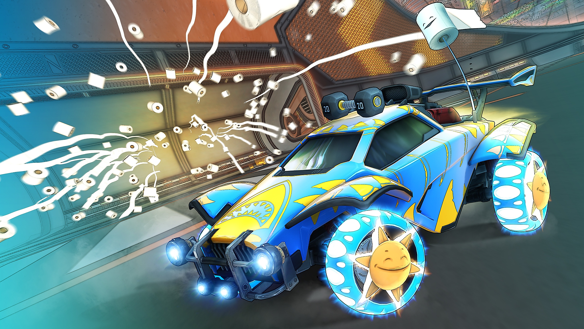 Rocket League - Istantanea della schermata della stagione 6 che mostra un'auto blu e gialla e dei rotoli di carta igienica lanciati in aria