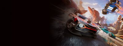 Rocket Racing – Key Art, das Autos beim Driften und Fliegen zeigt.