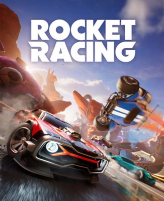 Rocket Racing artwork showing three cars racing, with one flying upside-down through the air