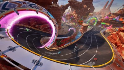 Rocket Racing - captura de ecrã que mostra uma curva inclinada numa pista que decorre num desfiladeiro