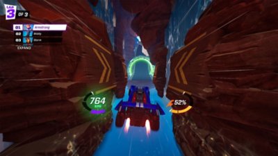 Rocket Racing screenshot showing a car flying through the air upside-down