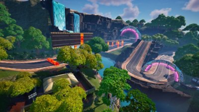 Rocket Racing screenshot showing a track surrounded by trees and waterfalls