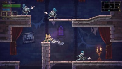 Rogue Legacy 2 screenshot showing the player throwing a hammer towards a knight-like enemy