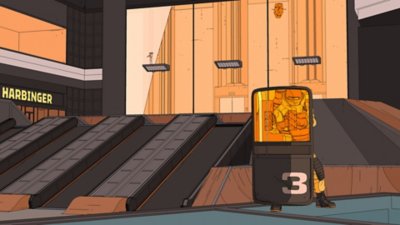 Snimka zaslona iz igre Rollerdrome koja prikazuje neprijatelja koji čuči iza štita