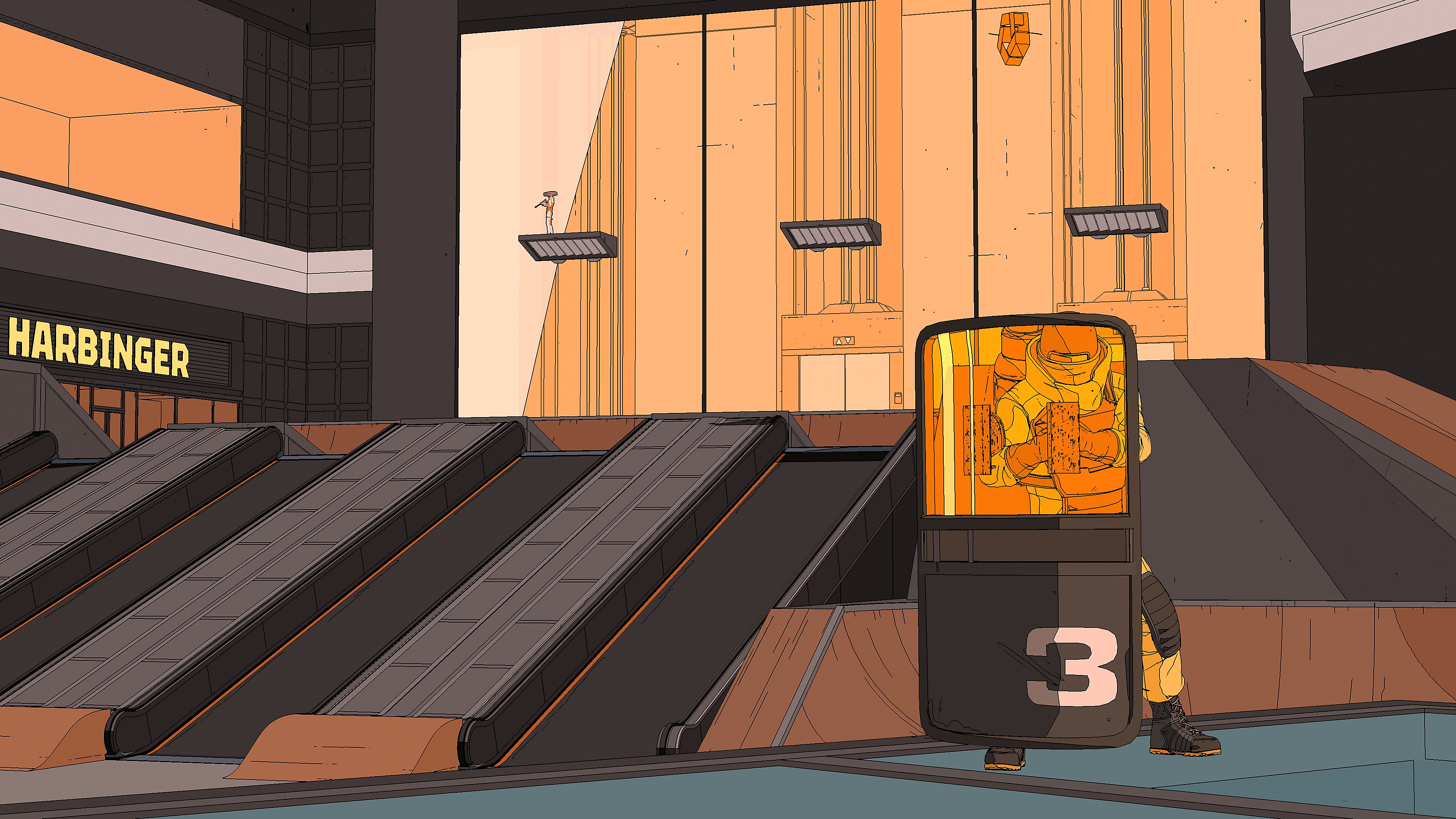 لقطة شاشة للعبة Rollerdrome تعرض عدوًا جاثمًا خلف درع لمكافحة الشغب