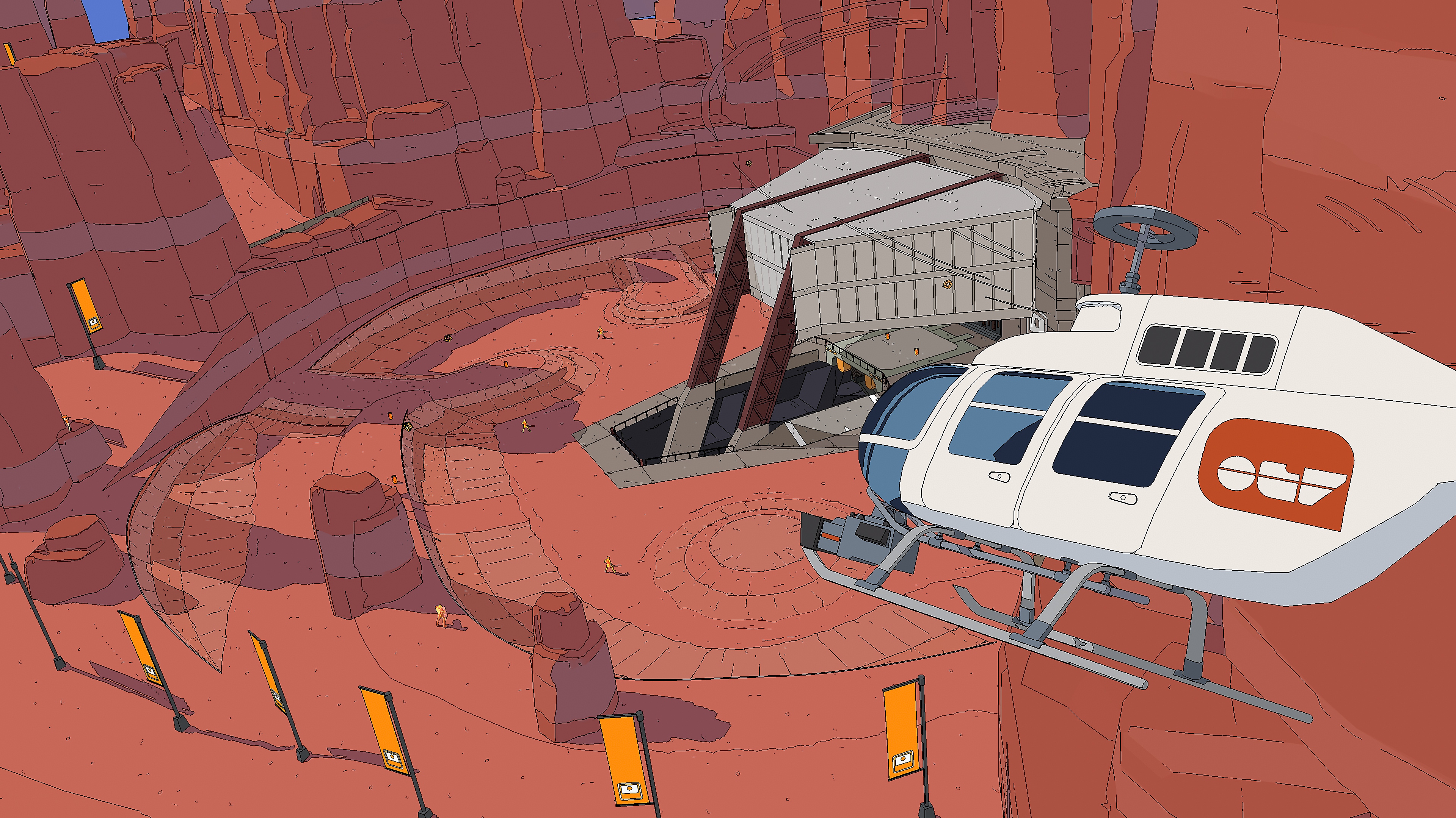 لقطة شاشة للعبة Rollerdrome تعرض طائرة هليكوبتر تحلق فوق ساحة قتال