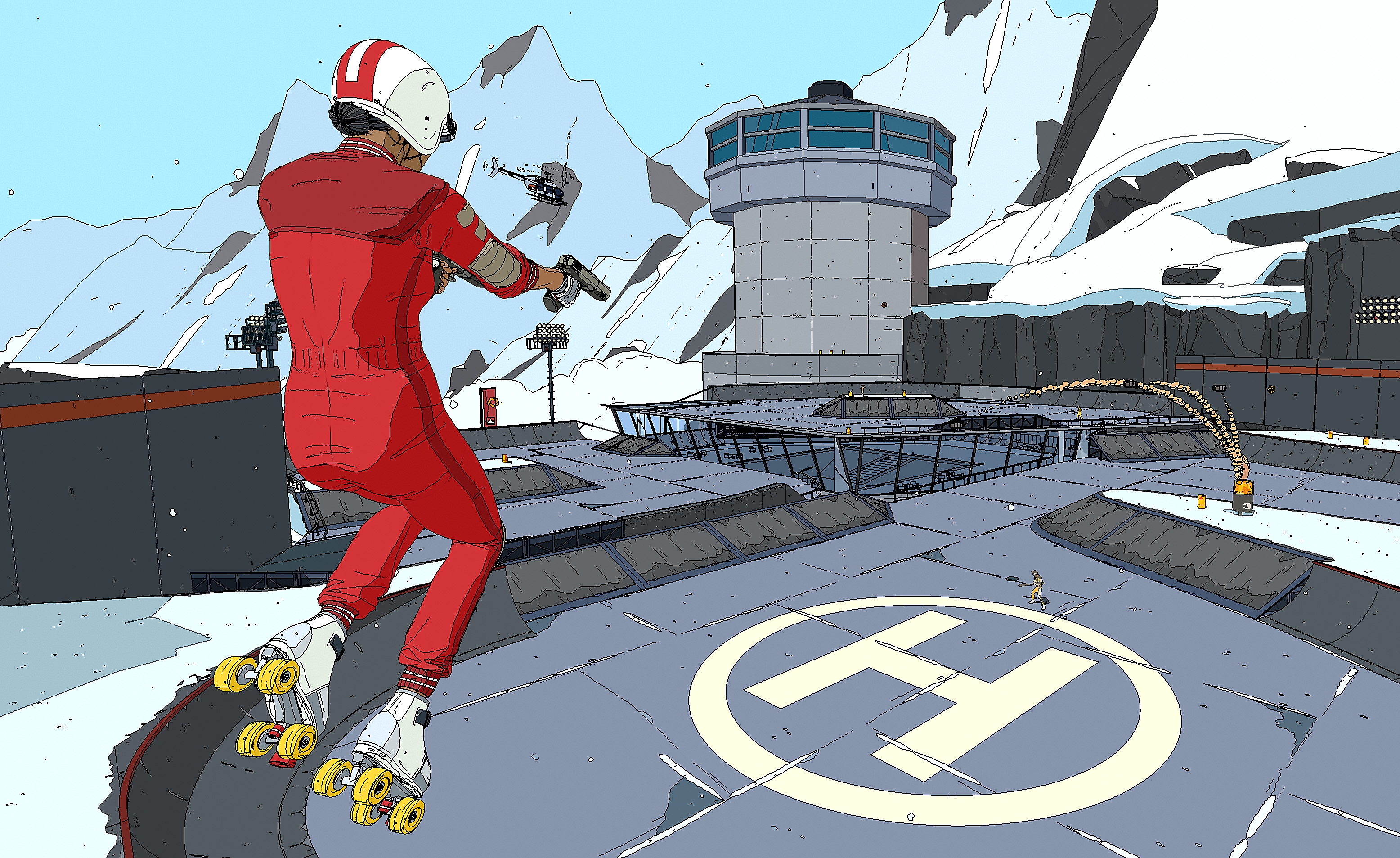 Rollerdrome screenshot showing the main character flying through the air above a helipad