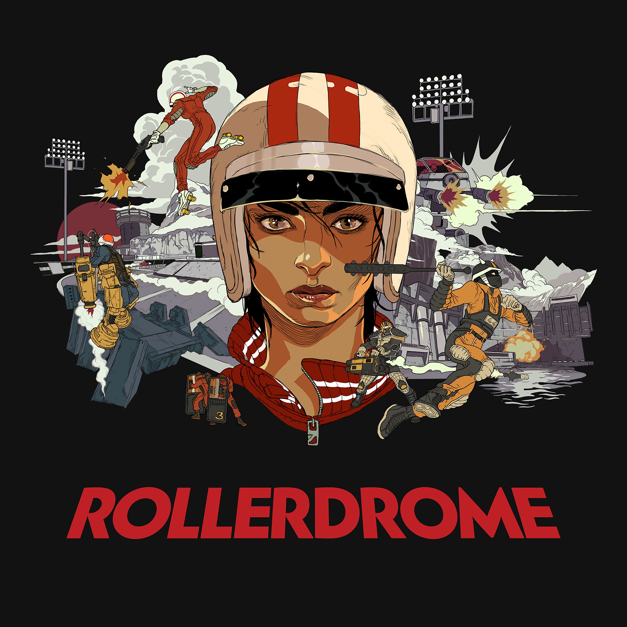 Rollerdrome 22 key art showing main characters posing with weapons