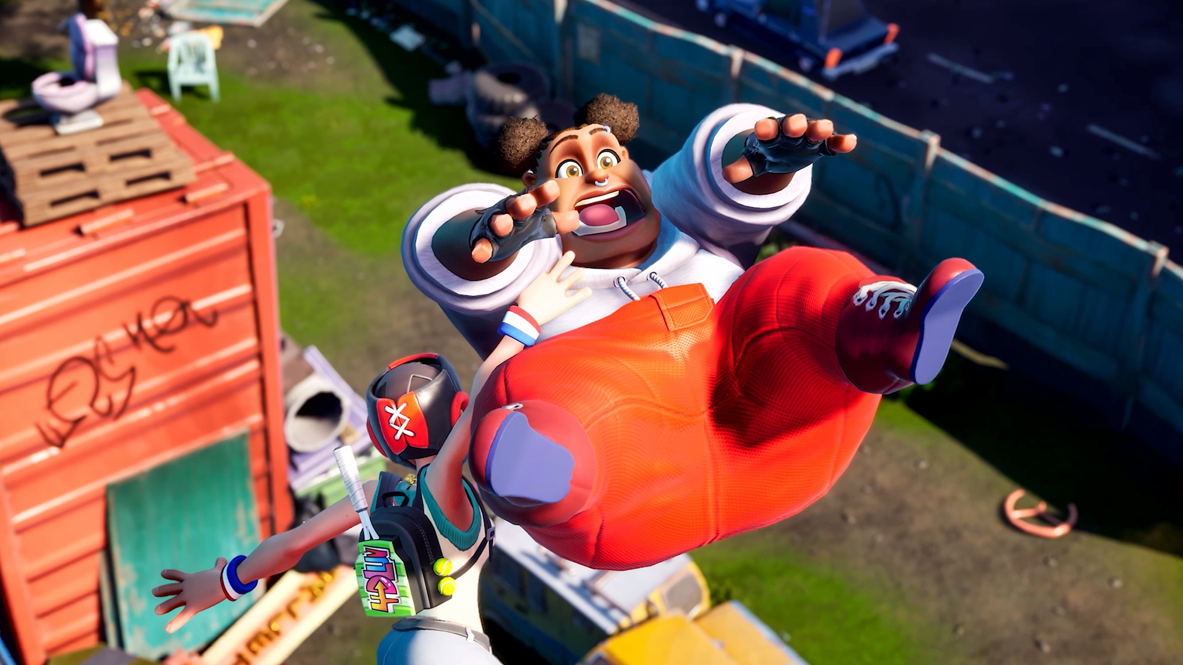 Captura de pantalla de Rumbleverse con un personaje lanzado al aire
