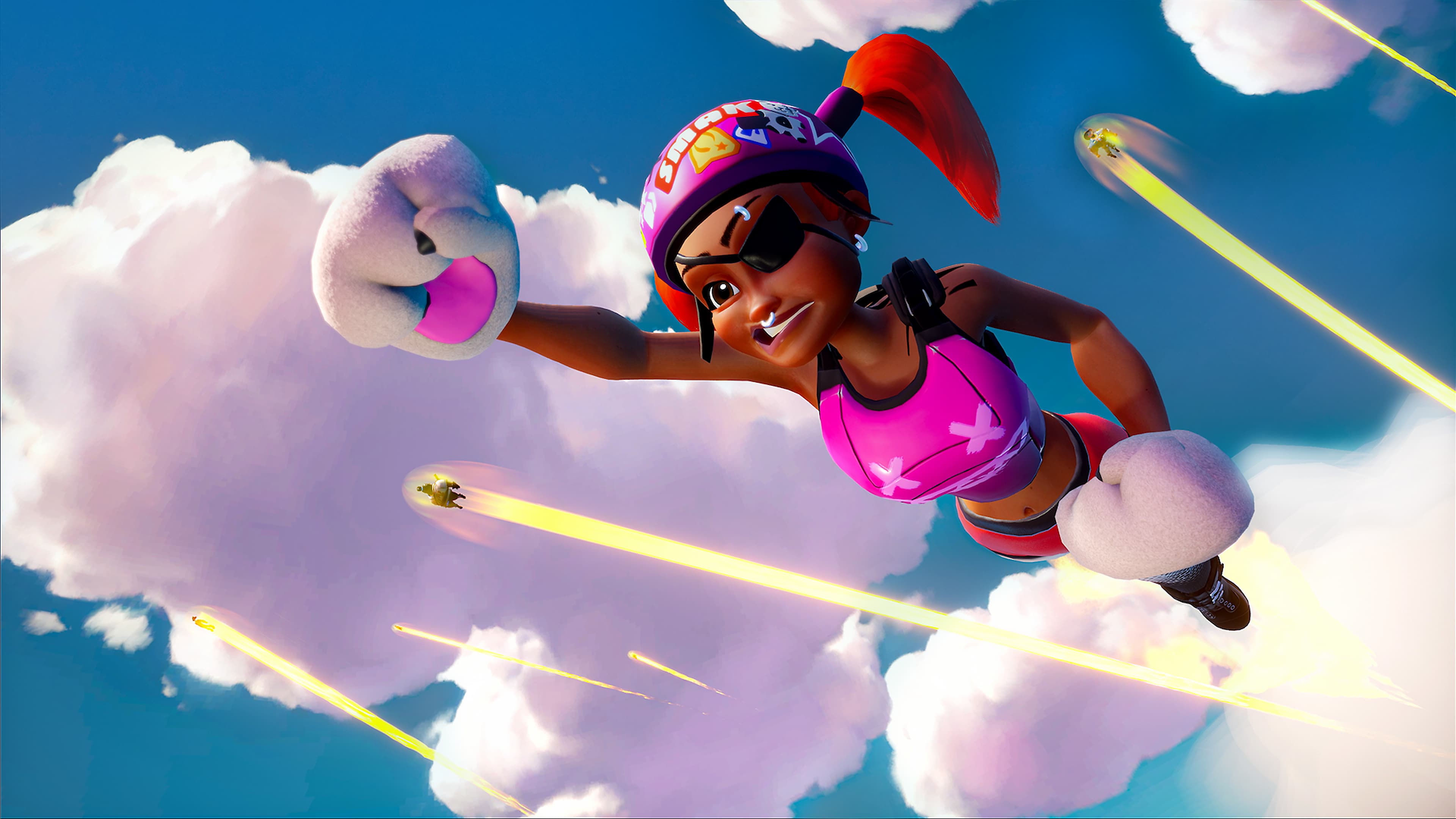 Rumbleverse screenshot showing a character flying through the air 