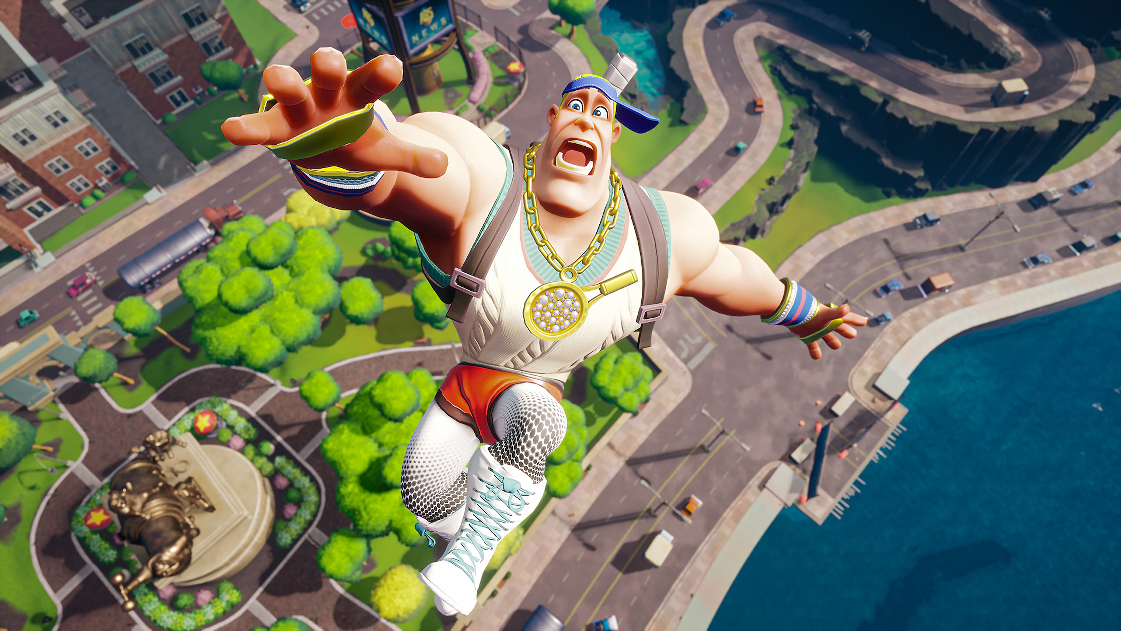 Captura de pantalla de Rumbleverse con un personaje cayendo al suelo desde gran altura