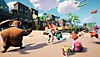 Captura de pantalla de Rumbleverse que muestra personajes luchando en la plaza de un pueblo