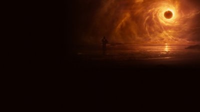 Saros screenshot showing Arjun walking into the sea as an eclipse occurs overhead