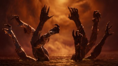 Screenshot Saros-trailer met een wezen dat uit het water opkomt onder de zon