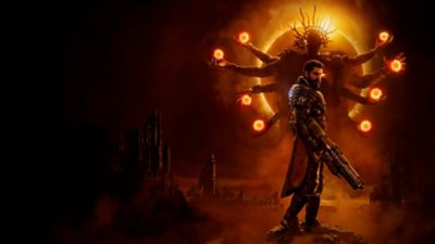 Saros key art showing a multi-limbed creature behind Arjun