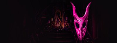 Saturnalia key artwork showing a horned pink mask