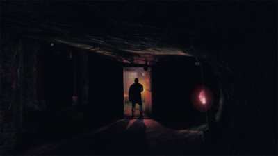 Saturnalia screenshot showing a silhouette of a character in a doorway