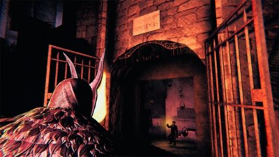Saturnalia screenshot showing a horned-character entering a gated building