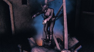 Saturnalia screenshot showing a masked and chained character